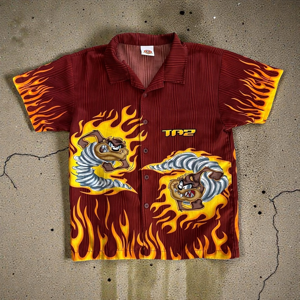 Vintage Y2k Looney Tunes Taz Button-Up Flames Shirt Men’s Small